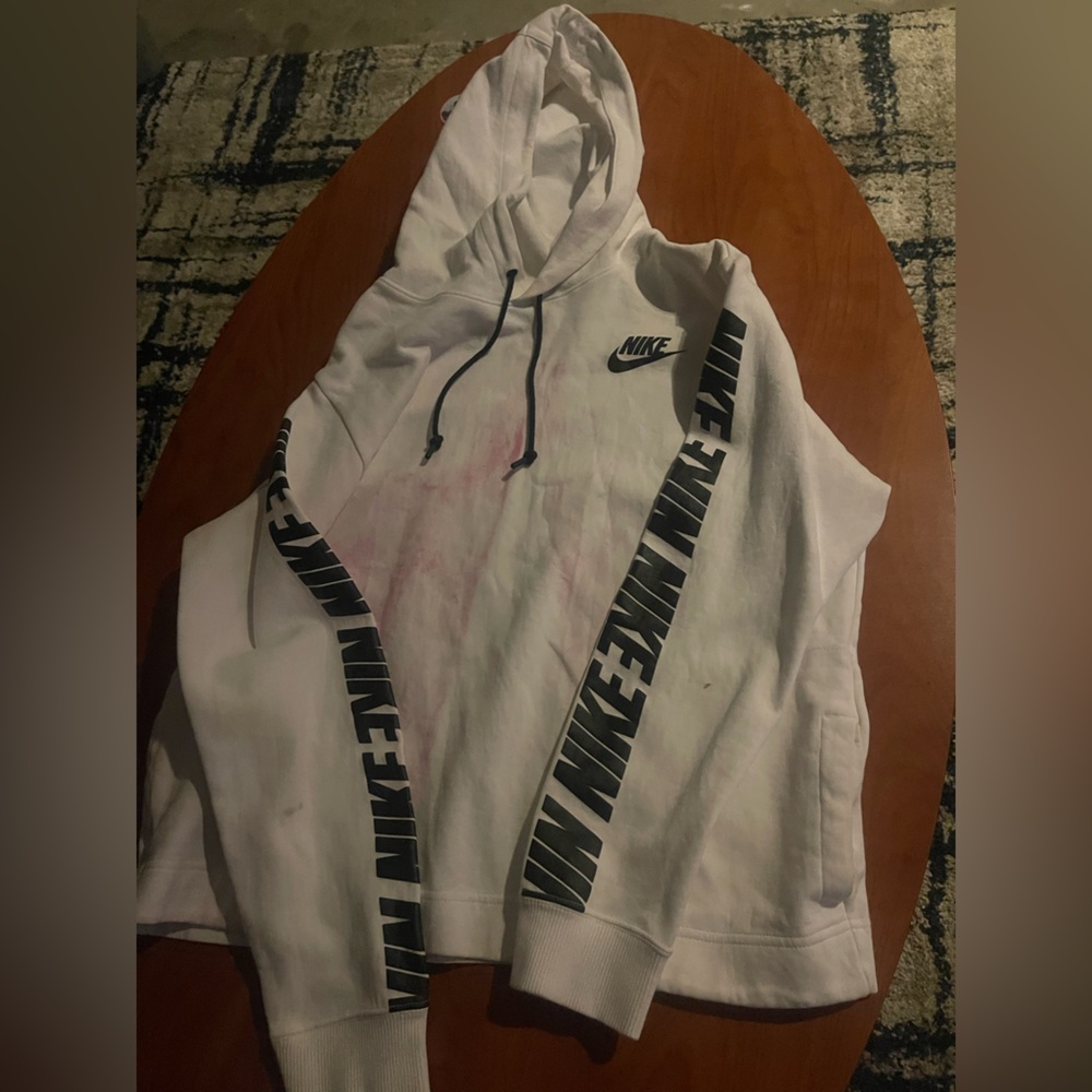 Nike White Hoodie with Black Logo and Sleeve Tape